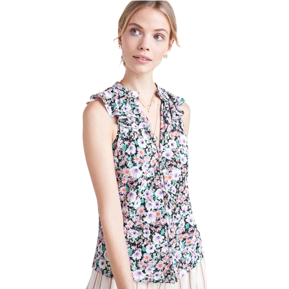 NWT Anthropologie Chalmers Floral Ruffle Hem Button Down Crepe Sleeveless Top XS